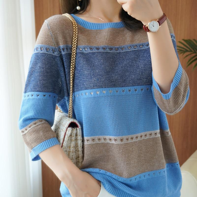 Pavasario rudens klasikinis dryžuotas raštas laisvas laisvalaikio megztinis moteriškas 3/4 rankovėmis, mezgimo megztinis Elegantiškas universalus megztinis