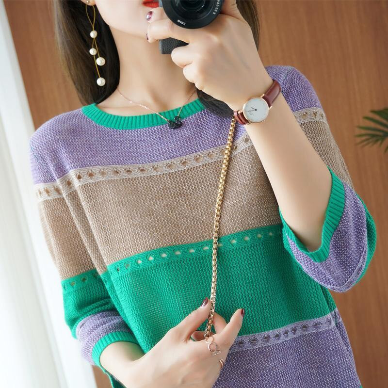 Pavasario rudens klasikinis dryžuotas raštas laisvas laisvalaikio megztinis moteriškas 3/4 rankovėmis, mezgimo megztinis Elegantiškas universalus megztinis