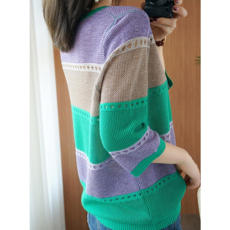 Pavasario rudens klasikinis dryžuotas raštas laisvas laisvalaikio megztinis moteriškas 3/4 rankovėmis, mezgimo megztinis Elegantiškas universalus megztinis