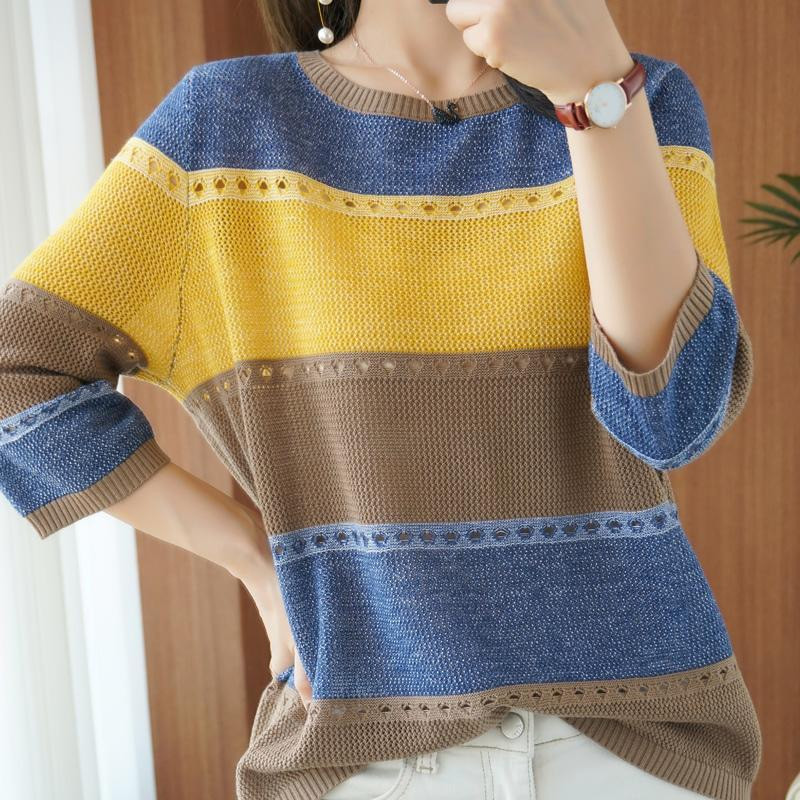 Pavasario rudens klasikinis dryžuotas raštas laisvas laisvalaikio megztinis moteriškas 3/4 rankovėmis, mezgimo megztinis Elegantiškas universalus megztinis