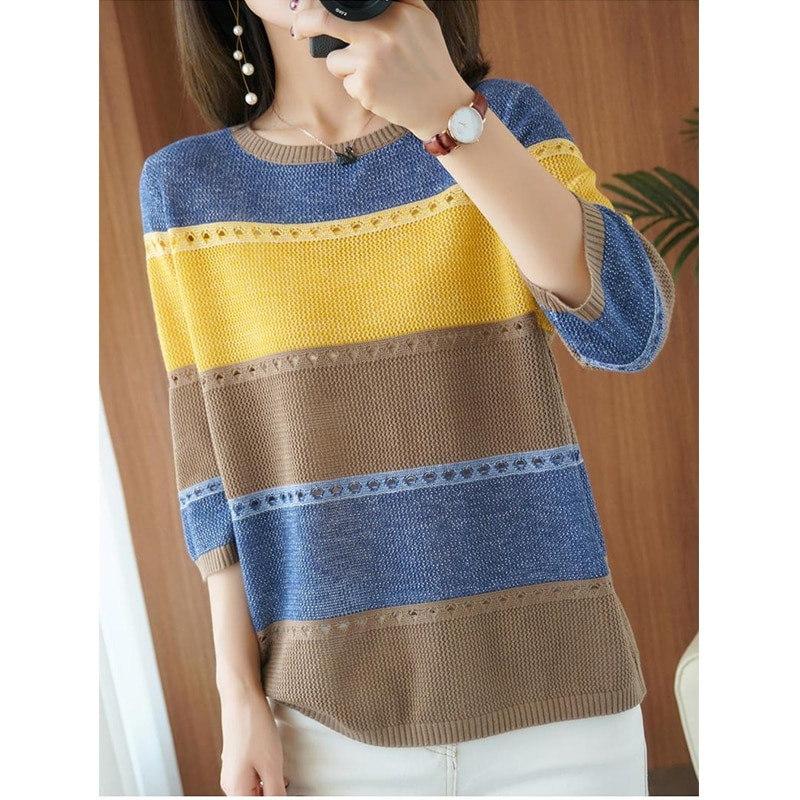 Pavasario rudens klasikinis dryžuotas raštas laisvas laisvalaikio megztinis moteriškas 3/4 rankovėmis, mezgimo megztinis Elegantiškas universalus megztinis