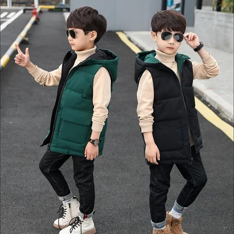 Χειμερινό Παιδικό Γιλέκο Παιδικά Πανωφόρια Φθινοπωρινά Παλτό Παιδικά Ρούχα Ζεστή κουκούλα Βαμβακερά Μακριά Γιλέκο και στις δύο πλευρές για αγόρια 5-15 ετών