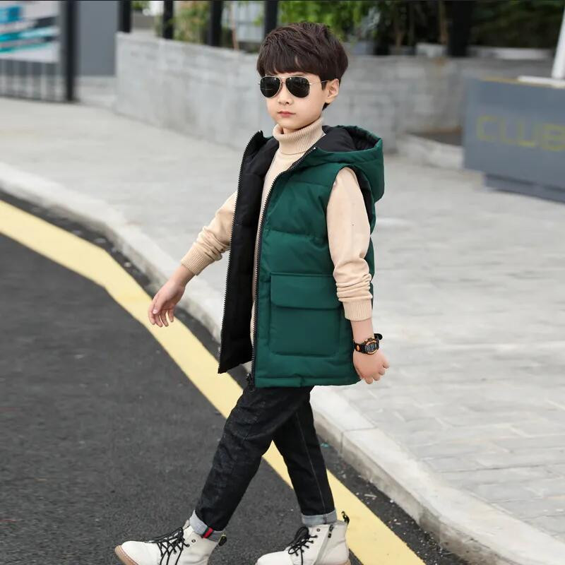 Χειμερινό Παιδικό Γιλέκο Παιδικά Πανωφόρια Φθινοπωρινά Παλτό Παιδικά Ρούχα Ζεστή κουκούλα Βαμβακερά Μακριά Γιλέκο και στις δύο πλευρές για αγόρια 5-15 ετών