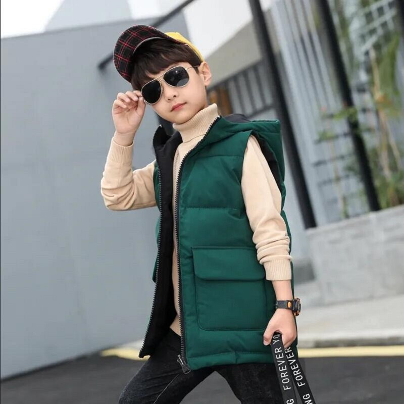 Χειμερινό Παιδικό Γιλέκο Παιδικά Πανωφόρια Φθινοπωρινά Παλτό Παιδικά Ρούχα Ζεστή κουκούλα Βαμβακερά Μακριά Γιλέκο και στις δύο πλευρές για αγόρια 5-15 ετών