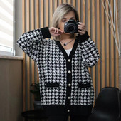 Houndstooth τεμπέλης πλεκτή ζακέτα φαρδιά μακρυμάνικη λαιμόκοψη με λαιμόκοψη σε μεσαίο μήκος