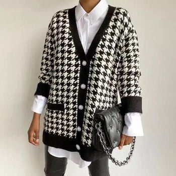 Houndstooth τεμπέλης πλεκτή ζακέτα φαρδιά μακρυμάνικη λαιμόκοψη με λαιμόκοψη σε μεσαίο μήκος