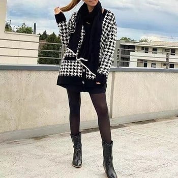 Houndstooth τεμπέλης πλεκτή ζακέτα φαρδιά μακρυμάνικη λαιμόκοψη με λαιμόκοψη σε μεσαίο μήκος