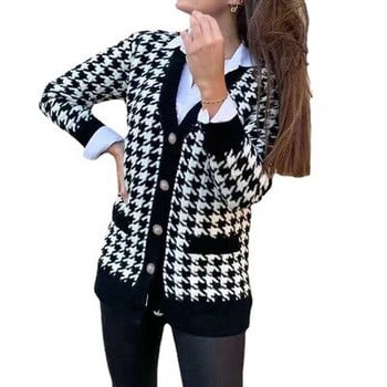 Houndstooth τεμπέλης πλεκτή ζακέτα φαρδιά μακρυμάνικη λαιμόκοψη με λαιμόκοψη σε μεσαίο μήκος