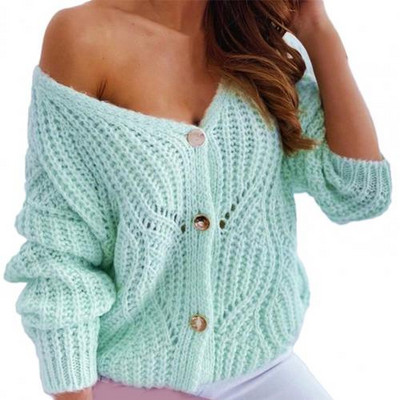 Oversized Off Shoulder Πράσινη Ζακέτα Πουλόβερ Ζακέτα Φθινοπωρινό, Χειμερινό, Κοίλο Πλεκτό Παλτό