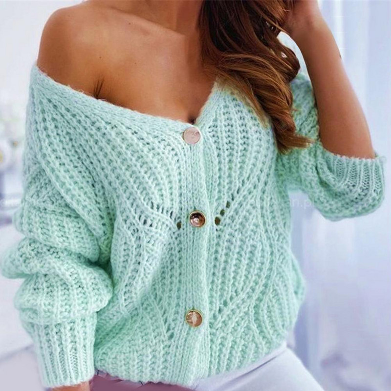 Oversized Off Shoulder Πράσινη Ζακέτα Πουλόβερ Ζακέτα Φθινοπωρινό, Χειμερινό, Κοίλο Πλεκτό Παλτό