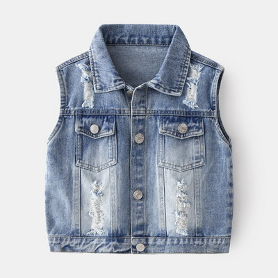 Κορεάτικα Παιδικά Ρούχα Βρεφικά Αγόρια Παλτό Μόδα Τζιν Γιλέκο 2021 Άνοιξη Νέο Παιδικό Καθαρό χρώμα Βαμβακερό αμάνικο μπουφάν με κουμπί