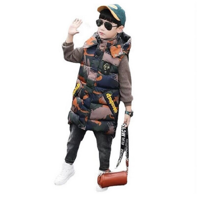 Žieminė liemenė berniukui 5-13 metų vaikams su gobtuvu šilti viršutiniai drabužiai vaikams Blizgus paltas be rankovių striukė paminkštinta ilga kamufliažinė liemenė
