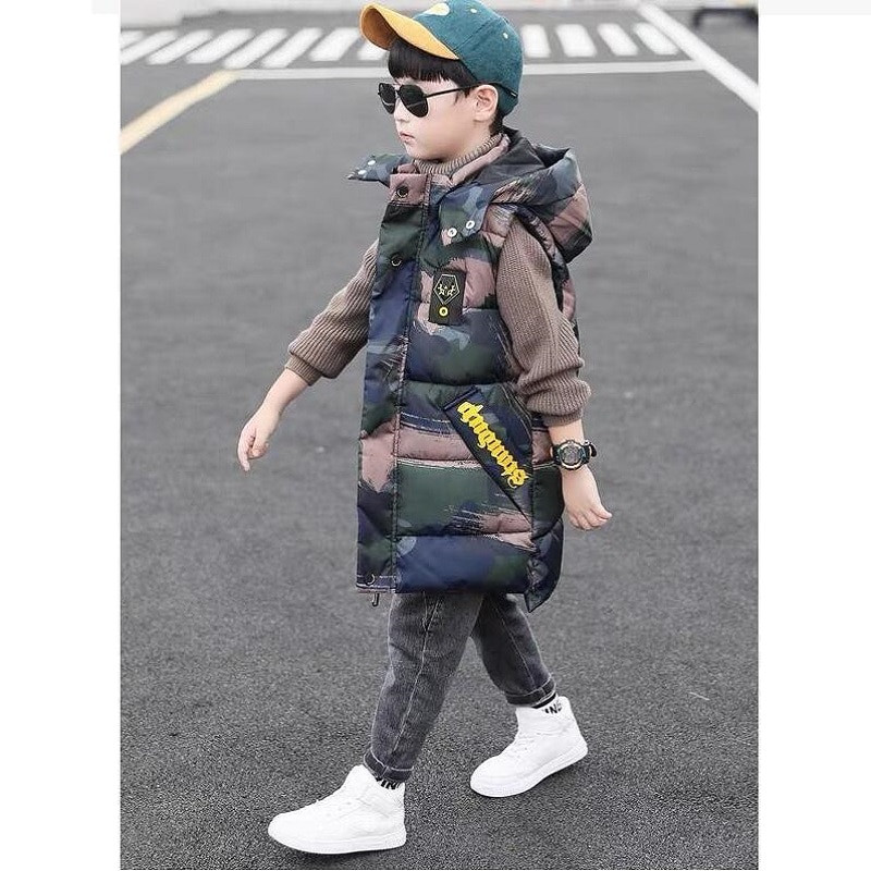Žieminė liemenė berniukui 5-13 metų vaikams su gobtuvu šilti viršutiniai drabužiai vaikams Blizgus paltas be rankovių striukė paminkštinta ilga kamufliažinė liemenė