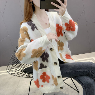 2022. gada pavasara rudens Sieviešu jauns džemperis jakas Sieviešu V veida kakla trikotāžas mēteļi Sieviešu virsdrēbes ar garām piedurknēm ar apdruku E25