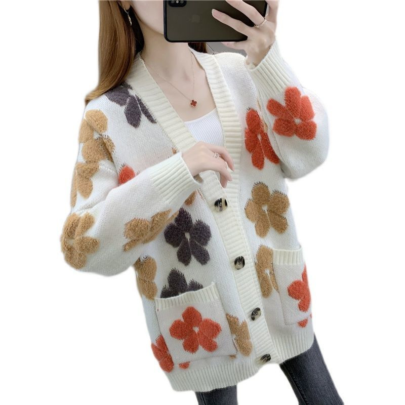 2022. gada pavasara rudens Sieviešu jauns džemperis jakas Sieviešu V veida kakla trikotāžas mēteļi Sieviešu virsdrēbes ar garām piedurknēm ar apdruku E25