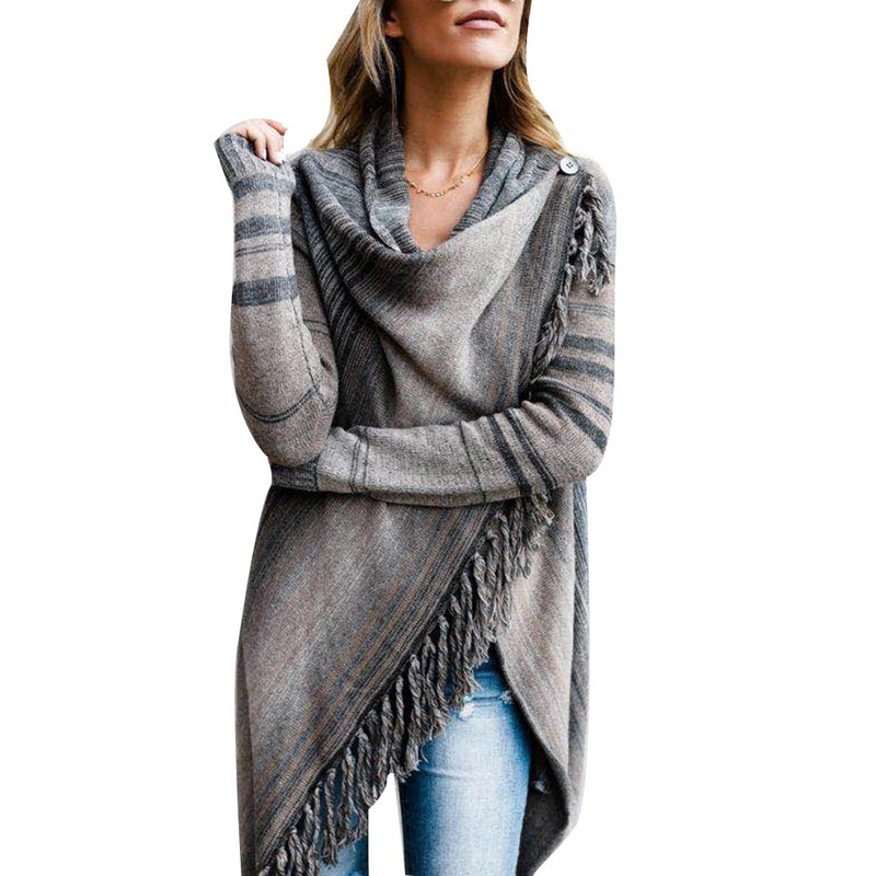 Φθινοπωρινά χειμωνιάτικα πουλόβερ Γυναικεία ριγέ πόντσο φούντες σάλι Φαρδύ πουλόβερ Ζακέτα 2020 Γυναικείο πουλόβερ Dropshiping