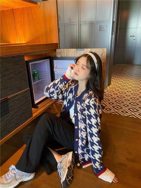 Πουλόβερ Houndstooth Ζακέτα μονόστομο 2022 Μόδα Φθινοπώρου και Χειμώνα Νέο παλτό πλεκτό με στρογγυλή λαιμόκοψη Top Γυναικείο All-Match