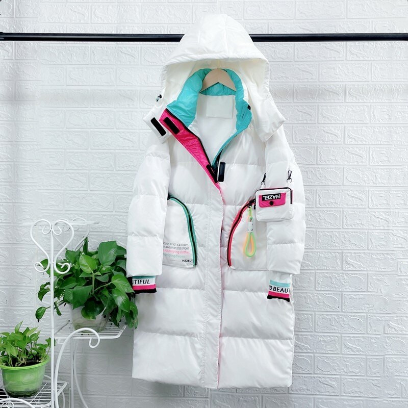 Γυναικείο χειμωνιάτικο ανοιχτό λευκό πουπουλένιο παλτό με τσέπες Χαλαρά πιο χοντρά πάρκα φωτεινά παλτό και μπουφάν με κουκούλα