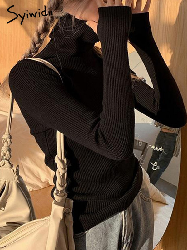 Syiwidii Γυναικεία πουλόβερ με ζιβάγκο Πουλόβερ Φθινόπωρο 2022 Μόδα μαλακό πουλόβερ με λεπτή εφαρμογή Μακρυμάνικα χειμωνιάτικα ρούχα Μπλε μαύρα μπλουζάκια