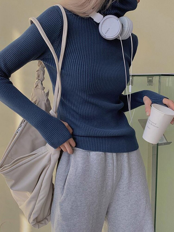 Syiwidii Γυναικεία πουλόβερ με ζιβάγκο Πουλόβερ Φθινόπωρο 2022 Μόδα μαλακό πουλόβερ με λεπτή εφαρμογή Μακρυμάνικα χειμωνιάτικα ρούχα Μπλε μαύρα μπλουζάκια