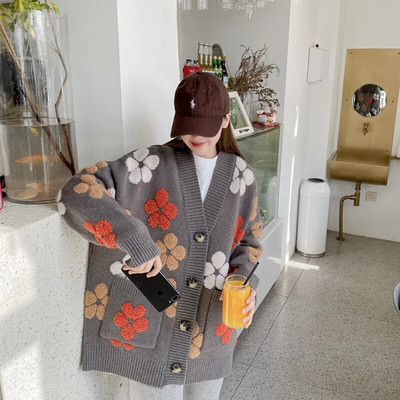 Džemper dugih rukava Ženska modna jesen i zima 2022. Nova modna bluza s V-izrezom i printom Široka pletena jakna u zapadnom stilu