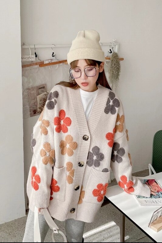 Džemper dugih rukava Ženska modna jesen i zima 2022. Nova modna bluza s V-izrezom i printom Široka pletena jakna u zapadnom stilu