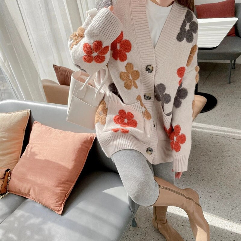 Džemper dugih rukava Ženska modna jesen i zima 2022. Nova modna bluza s V-izrezom i printom Široka pletena jakna u zapadnom stilu