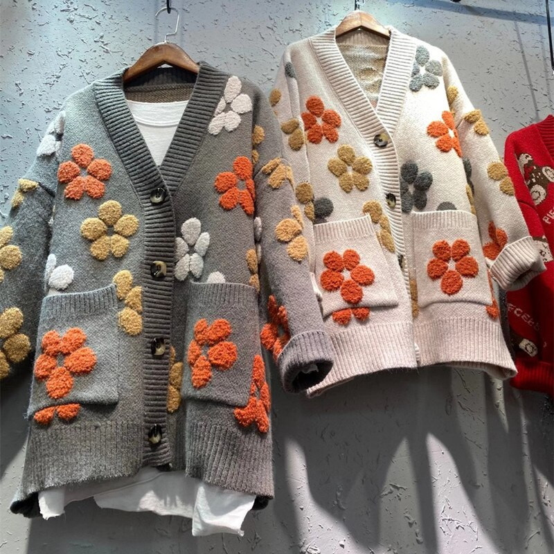 Džemper dugih rukava Ženska modna jesen i zima 2022. Nova modna bluza s V-izrezom i printom Široka pletena jakna u zapadnom stilu