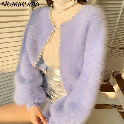 Nomikuma Sweet Lantern Sleeve Mink Cashmere Sweater Плетена жилетка с корейски мъниста 2021 г. Нов каузален трикотаж с отворен бод 6Z253