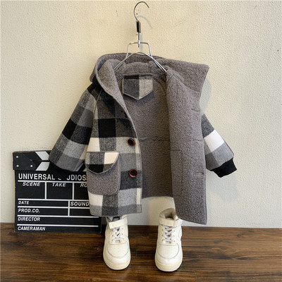 Rudens ziema Toddler Zēniem Flīsa jakas Trench Bērnu apģērbs 2-8G Zīdaiņu silts rūtains virsdrēbes ar kapuci Bērnu mēteļi