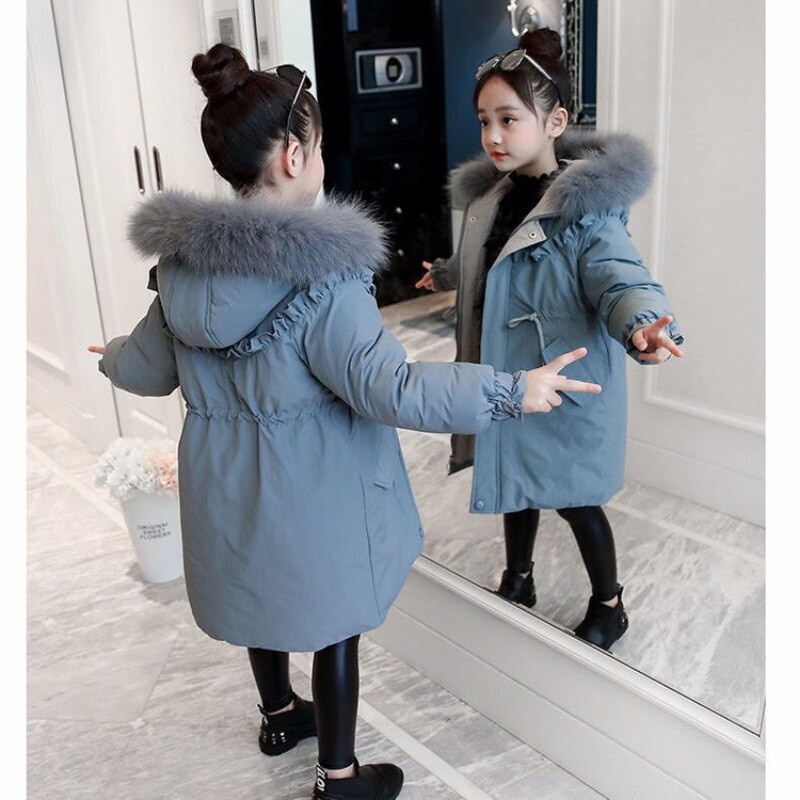 Meiteņu ziemas apģērba mētelis 2022. gada jauna kokvilnas parka jaka, gara, bieza kokvilnas drēbes, pusaudzes meitenes ziemas apģērbi, mākslīgās kažokādas apkakle