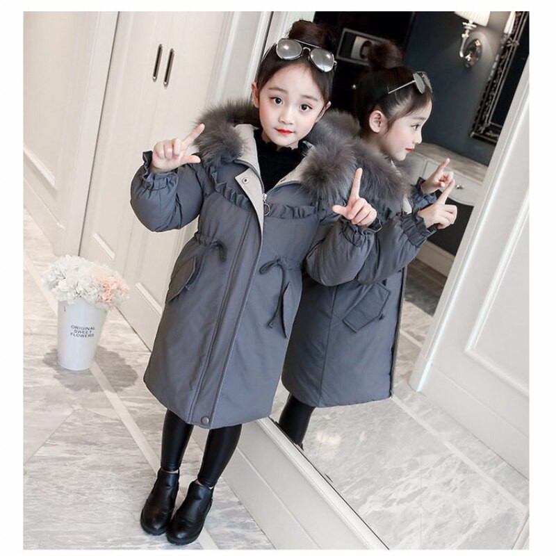 Meiteņu ziemas apģērba mētelis 2022. gada jauna kokvilnas parka jaka, gara, bieza kokvilnas drēbes, pusaudzes meitenes ziemas apģērbi, mākslīgās kažokādas apkakle