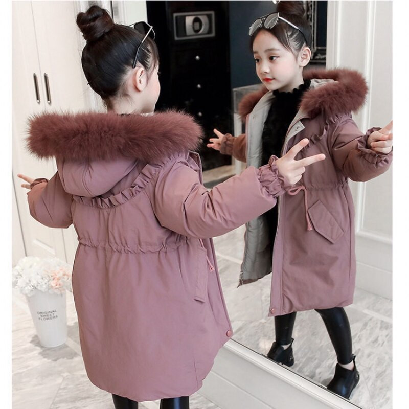 Meiteņu ziemas apģērba mētelis 2022. gada jauna kokvilnas parka jaka, gara, bieza kokvilnas drēbes, pusaudzes meitenes ziemas apģērbi, mākslīgās kažokādas apkakle