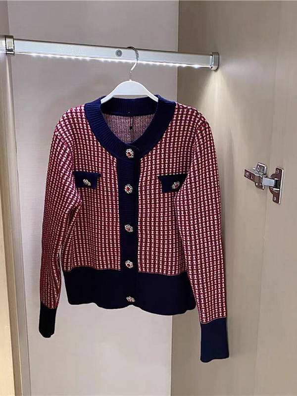 Κόκκινη καρό ζακέτα Crop Top Φθινόπωρο 2021 Γυναικείο παλτό πουλόβερ με στρογγυλή λαιμόκοψη Κομψές μπλούζες με πλεκτή ζακέτα με διαμάντι
