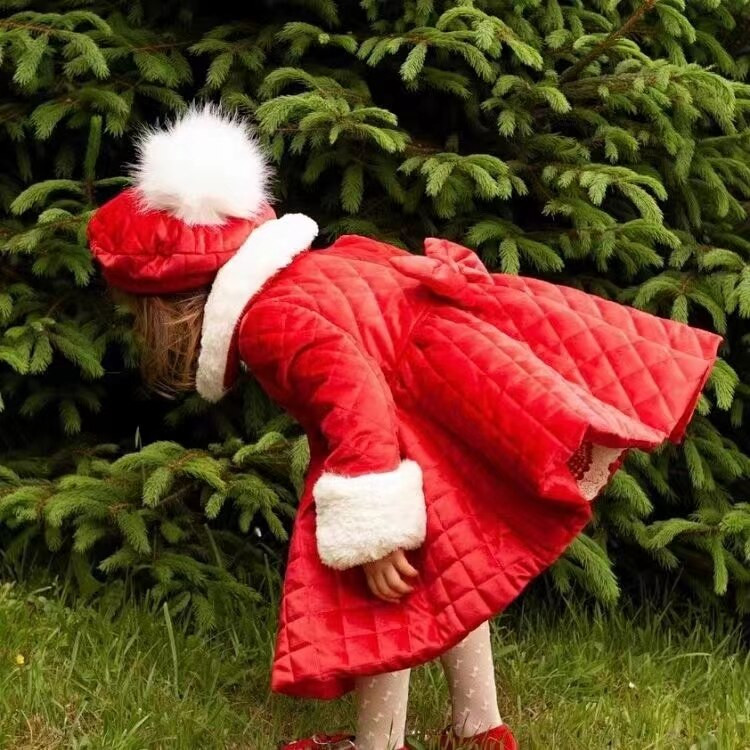 1-12 G Baby Girl Rudens ziema Handmand Pielāgots Palace Anglija Spānijas sarkanā samta princeses vilnas mētelis Ziemassvētku gadījumam