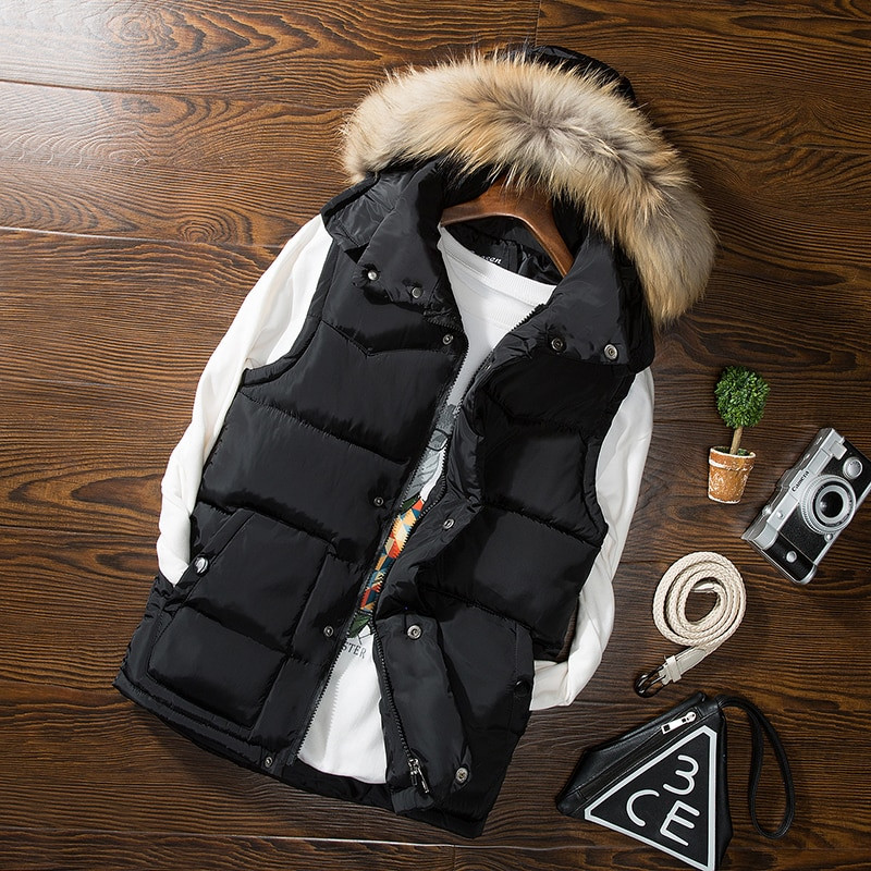Φθινοπωρινό χειμωνιάτικο γούνινο γιακά ανδρικό γιλέκο με κουκούλα Casual Λεπτά Ζεστά Γυναικεία Αμάνικα Μπουφάν Παλτό Νεανικά Ανδρικά Γιλέκα