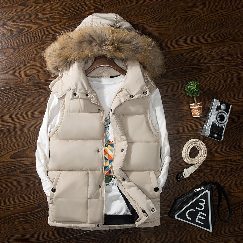 Φθινοπωρινό χειμωνιάτικο γούνινο γιακά ανδρικό γιλέκο με κουκούλα Casual Λεπτά Ζεστά Γυναικεία Αμάνικα Μπουφάν Παλτό Νεανικά Ανδρικά Γιλέκα