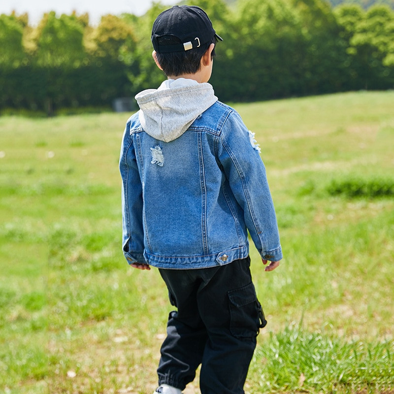 Zēnu džinsu jaka ar kapuci Modes zīmola dizains bērniem, raibs džinsu mētelis pusaudžu zēnam, 100-160 cm virsdrēbes LM071