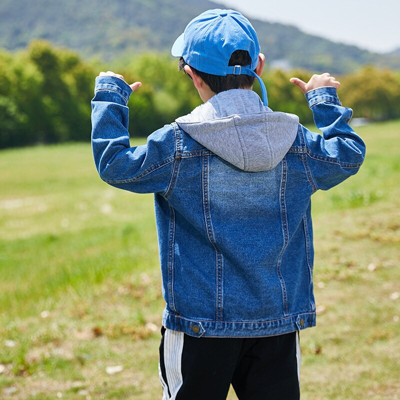 Zēnu džinsu jaka ar kapuci Modes zīmola dizains bērniem, raibs džinsu mētelis pusaudžu zēnam, 100-160 cm virsdrēbes LM071
