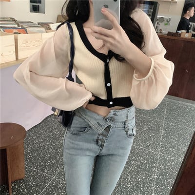 Γυναικεία πουλόβερ Ζακέτα φθινοπώρου και χειμώνα Γυναικεία μακρυμάνικα διχτυωτό λαιμόκοψη V-λαιμόκοψη συνονθύλευμα κοντή πλεκτή ζακέτα επάνω Εξωτερικό φόρεμα