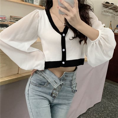 Γυναικεία πουλόβερ Ζακέτα φθινοπώρου και χειμώνα Γυναικεία μακρυμάνικα διχτυωτό λαιμόκοψη V-λαιμόκοψη συνονθύλευμα κοντή πλεκτή ζακέτα επάνω Εξωτερικό φόρεμα