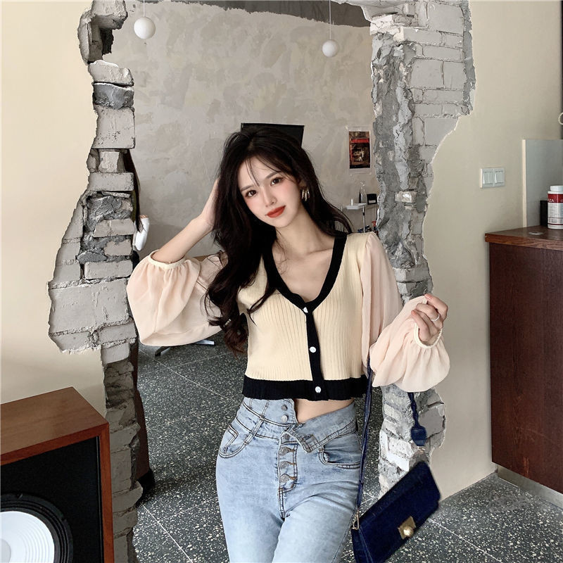 Γυναικεία πουλόβερ Ζακέτα φθινοπώρου και χειμώνα Γυναικεία μακρυμάνικα διχτυωτό λαιμόκοψη V-λαιμόκοψη συνονθύλευμα κοντή πλεκτή ζακέτα επάνω Εξωτερικό φόρεμα