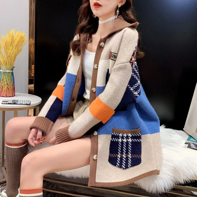 2021 Φθινόπωρο Χειμώνας Γυναικεία μακριά ζακέτα με αντίθεση με στάμπα με κουμπί τσέπης Oversize Ζακέτα πουλόβερ Γυναικείο παλτό δρόμου