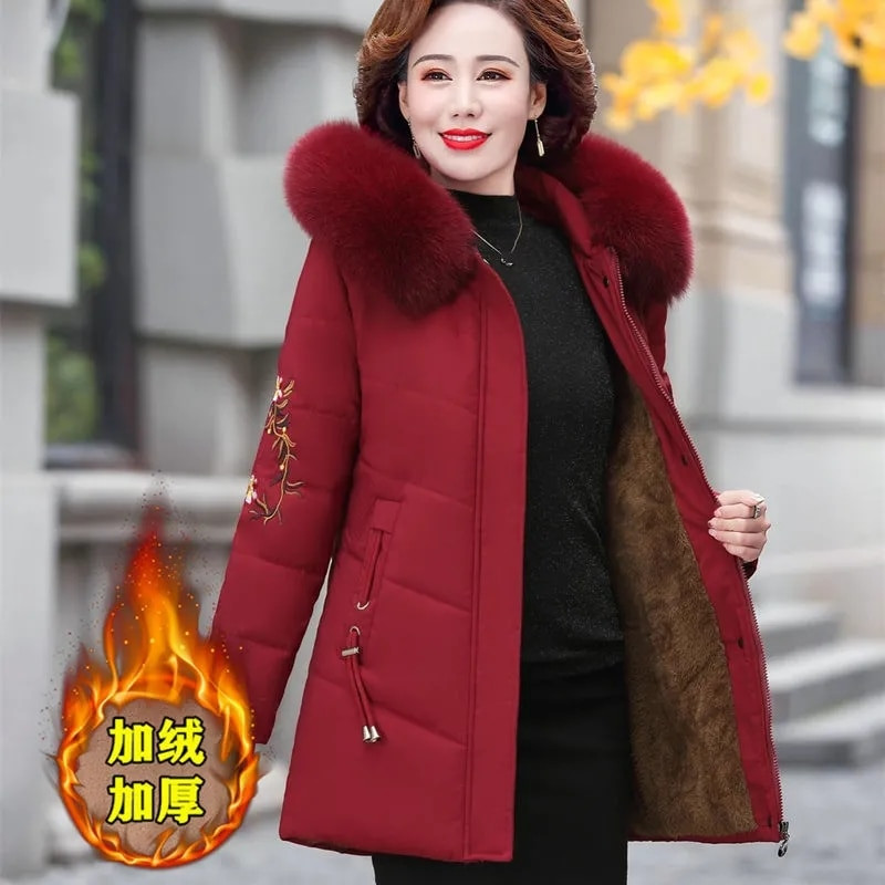2022. gada vidēja vecuma sieviešu ziemas jaka silta samta izšūšana kokvilnas odere Parkas sieviešu pamata mētelis mētelis 5XL