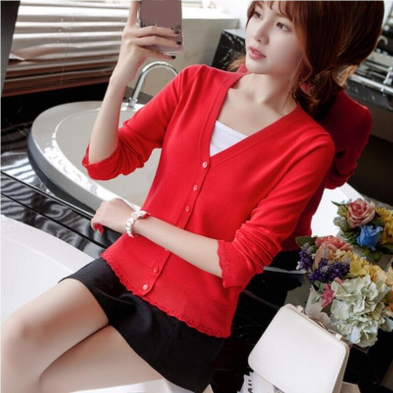 2020. aasta sügissuvi ühevärviline V-kaelusega pikkade varrukatega kampsun Naiste sall Kootud kampsun Naiste kardiganid Naiste mantel Naiste topid
