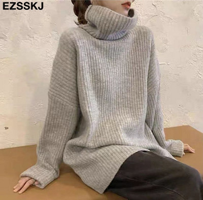 kašmira Rudens Ziemas ar augstu kakla izgriezumu biezi oversize Džemperi puloveri Sieviešu 2021 LOOSE džemperi puloveri sieviešu ar garām piedurknēm
