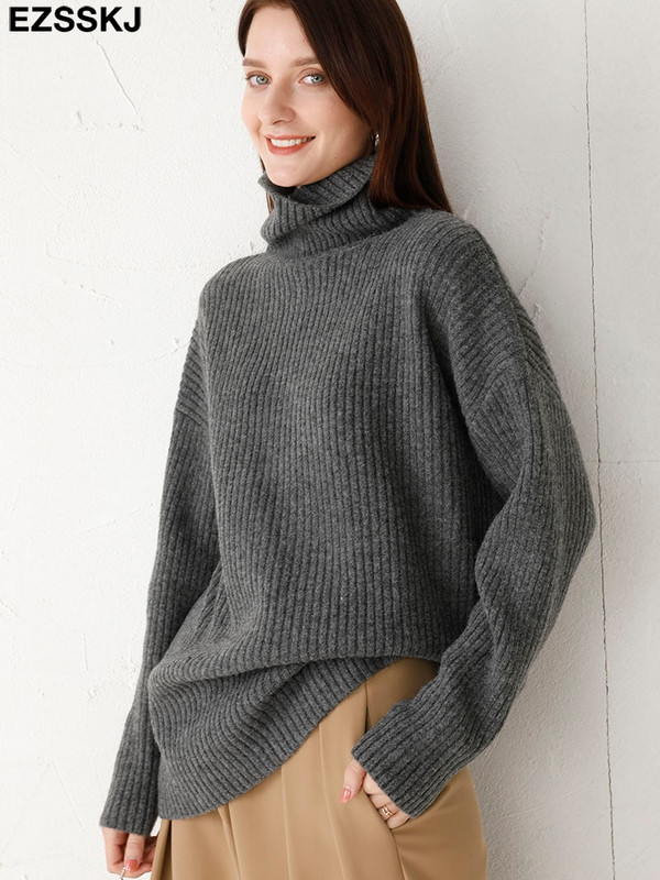 kašmira Rudens Ziemas ar augstu kakla izgriezumu biezi oversize Džemperi puloveri Sieviešu 2021 LOOSE džemperi puloveri sieviešu ar garām piedurknēm
