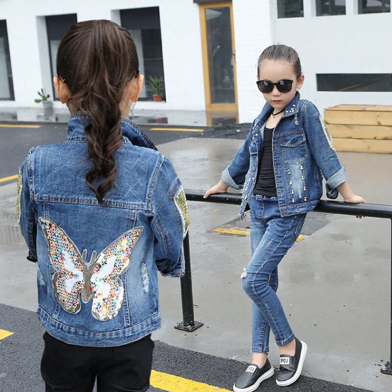 Nova traper jakna za djevojčice, kardigan, kaput, dječja traperica, šljokice, vez na leptirima, dječja odjeća za djevojčice, proljetna odjeća