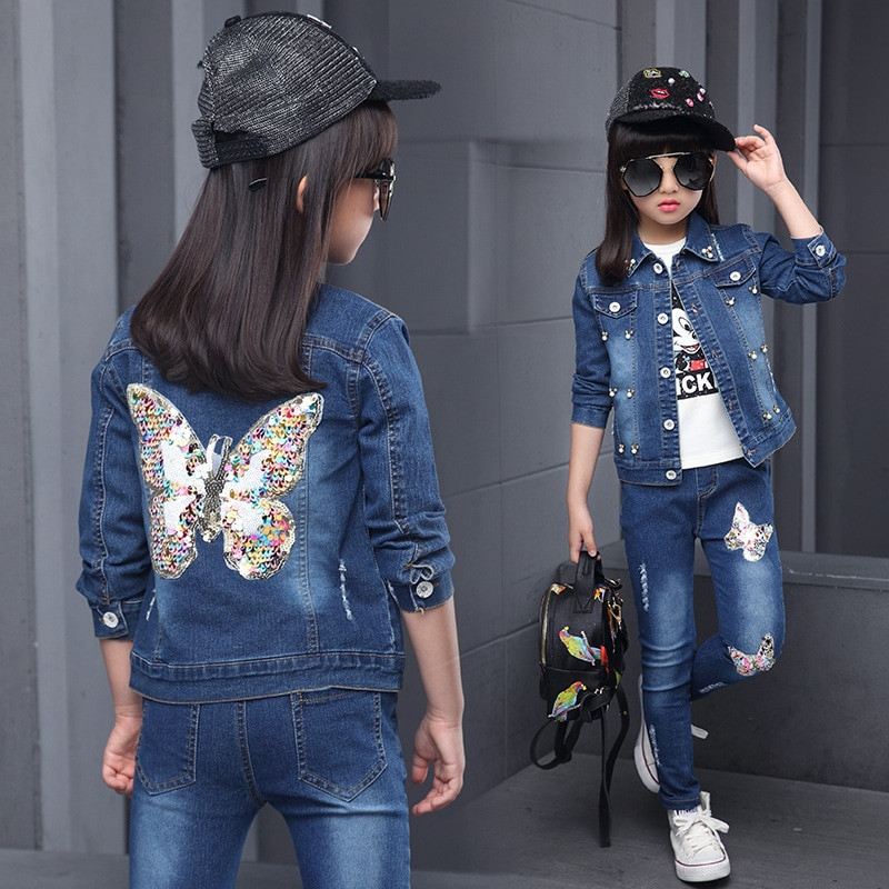 Nova traper jakna za djevojčice, kardigan, kaput, dječja traperica, šljokice, vez na leptirima, dječja odjeća za djevojčice, proljetna odjeća