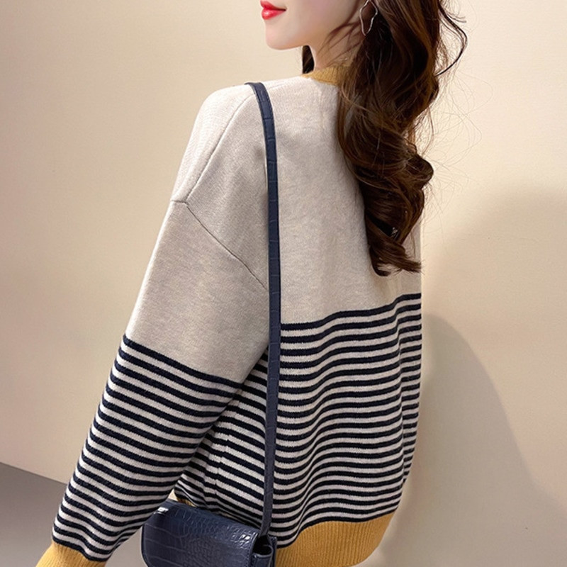 Modes sieviešu džemperis ar klasisku svītru V kakla izgriezumu trikotāžas džemperi sieviešu džemperis džemperis džemperis ar garām piedurknēm virsdrēbes